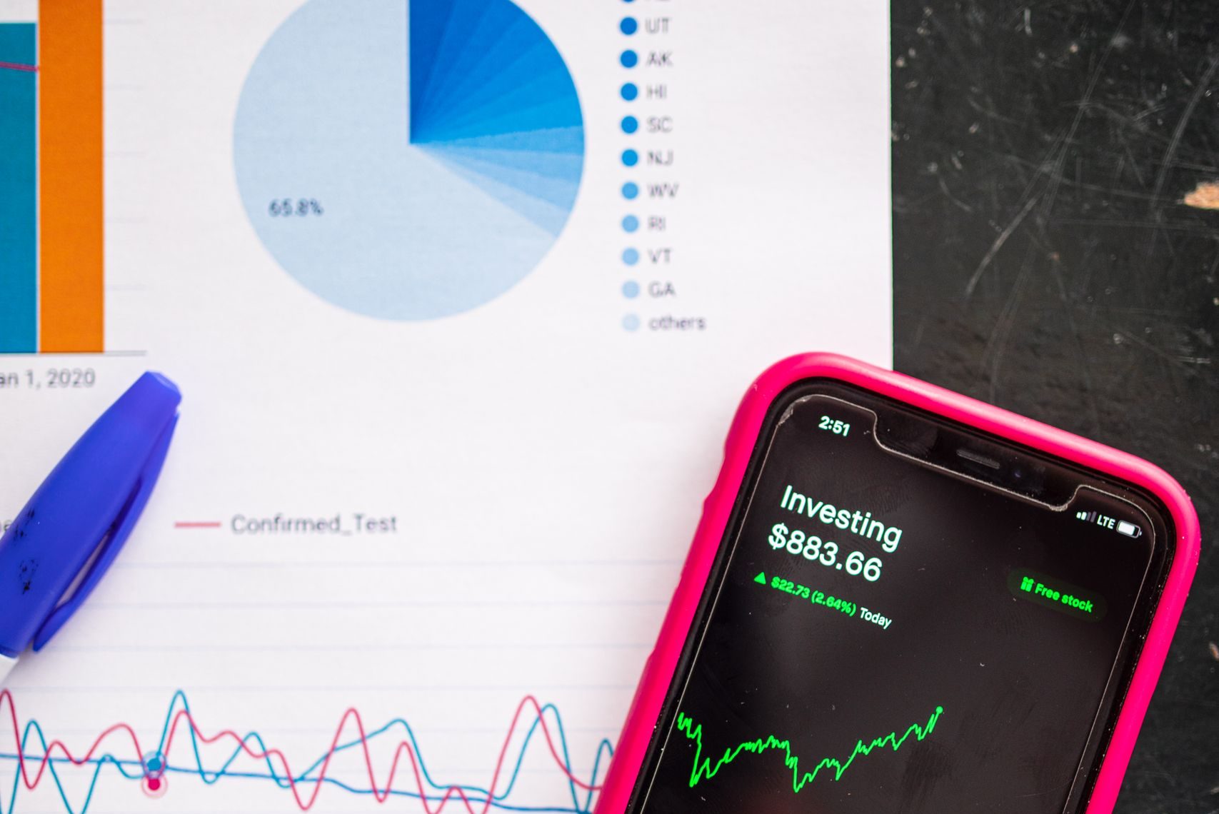 Smartphone displaying stock market data alongside financial charts and a dollar sign note.